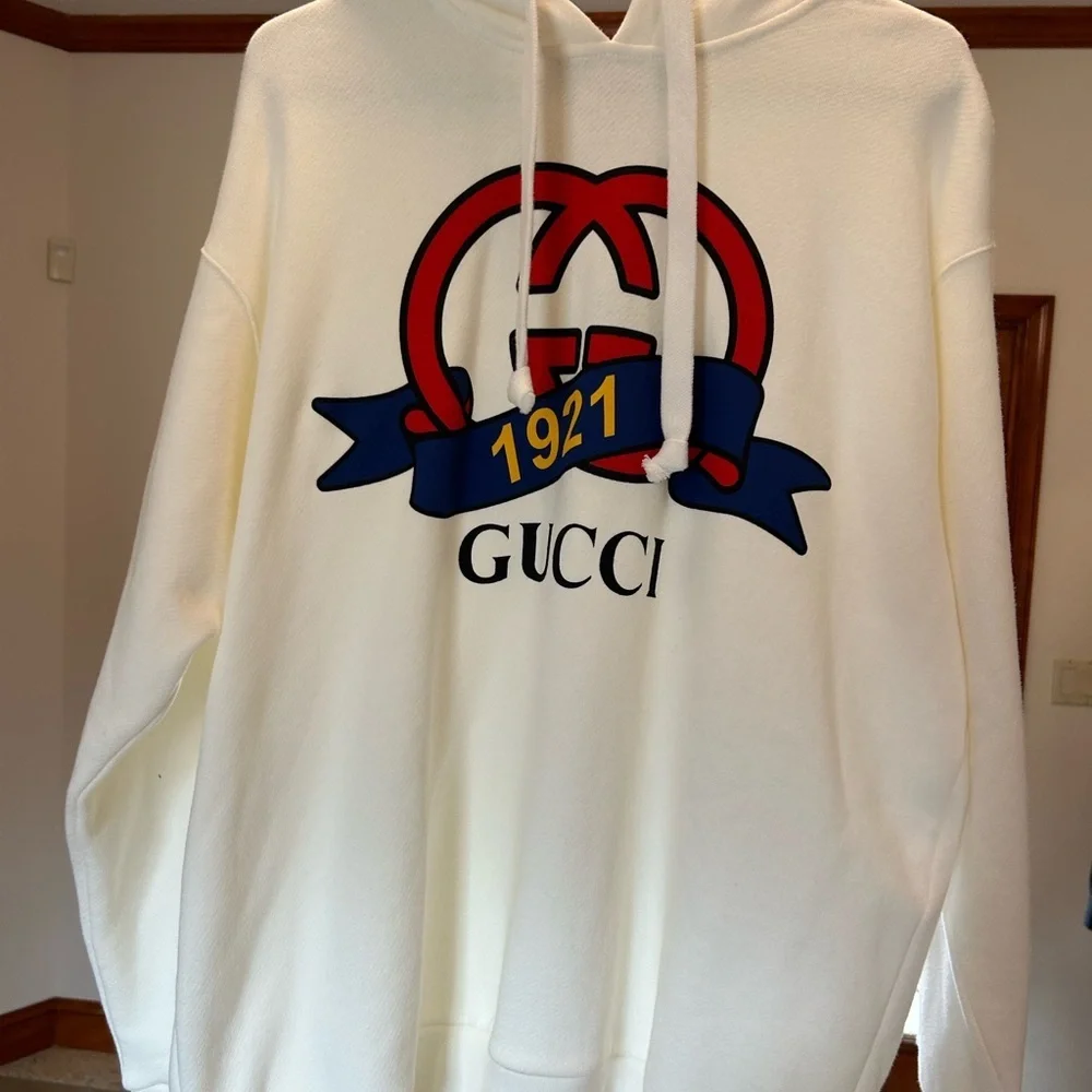 Men's Gucci jersey cotton hoodie, interlocking G 1921 anniversary motif large